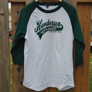 HENDERSON Settlement Founded in 1925 BASEBALL Long Sleeve Shirt men's size Small
